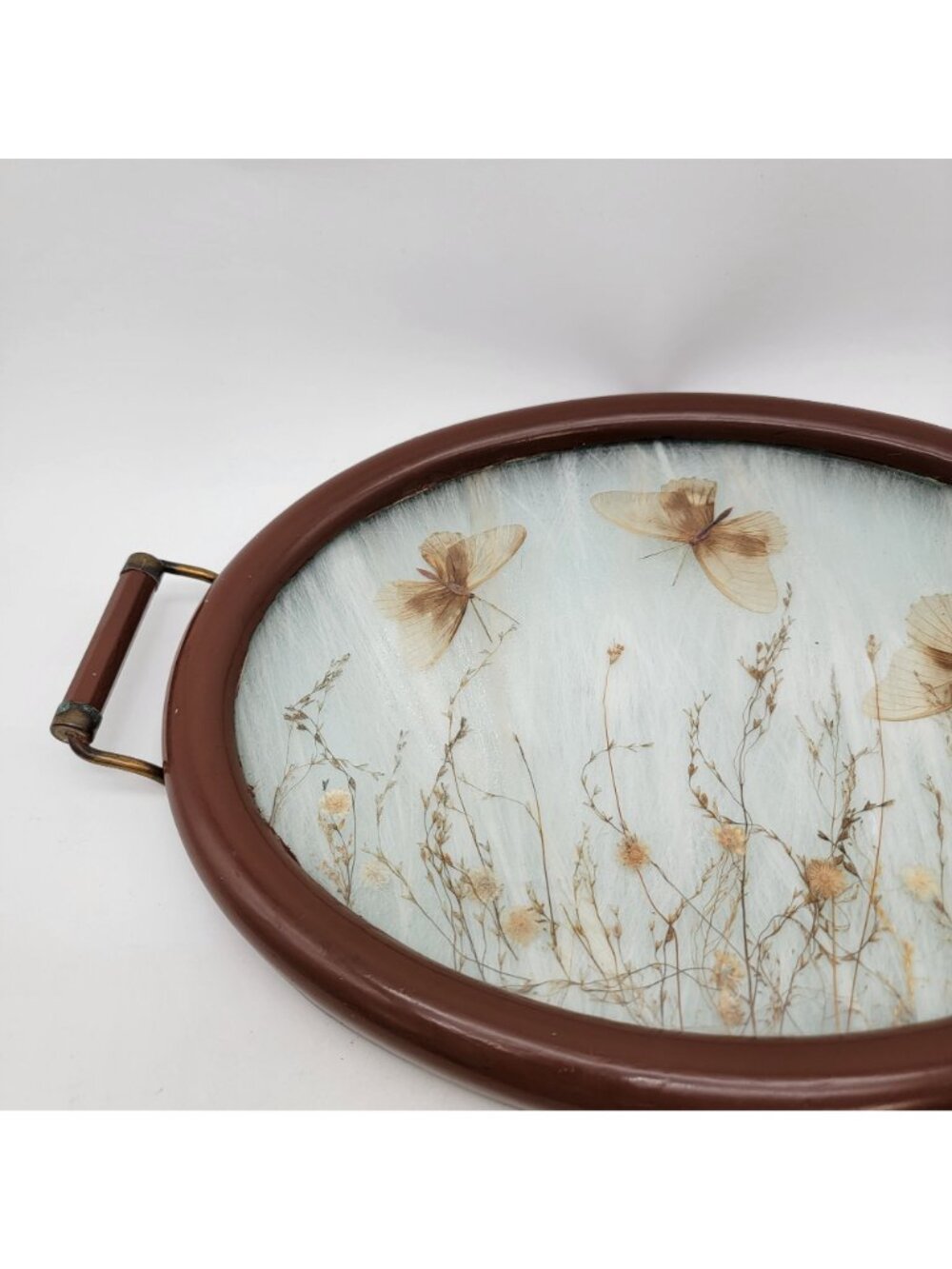 Antique Victorian Pressed Flowers & Butterflies Oval Wood Serving Tray w/ Glass - Picture 4 of 6